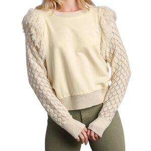 Umgee Cotton French Terry Sweater with Fringe Detail On Shoulders